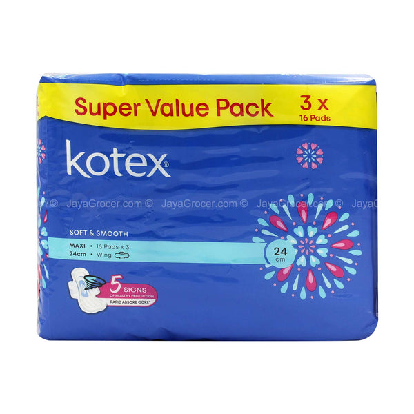 Kotex Soft and Smooth Maxi Wing Pad 24cm 16sheets x 3