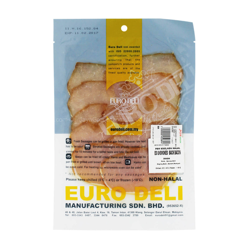 Euro Deli Unsmoked Back Bacon Slices 200g