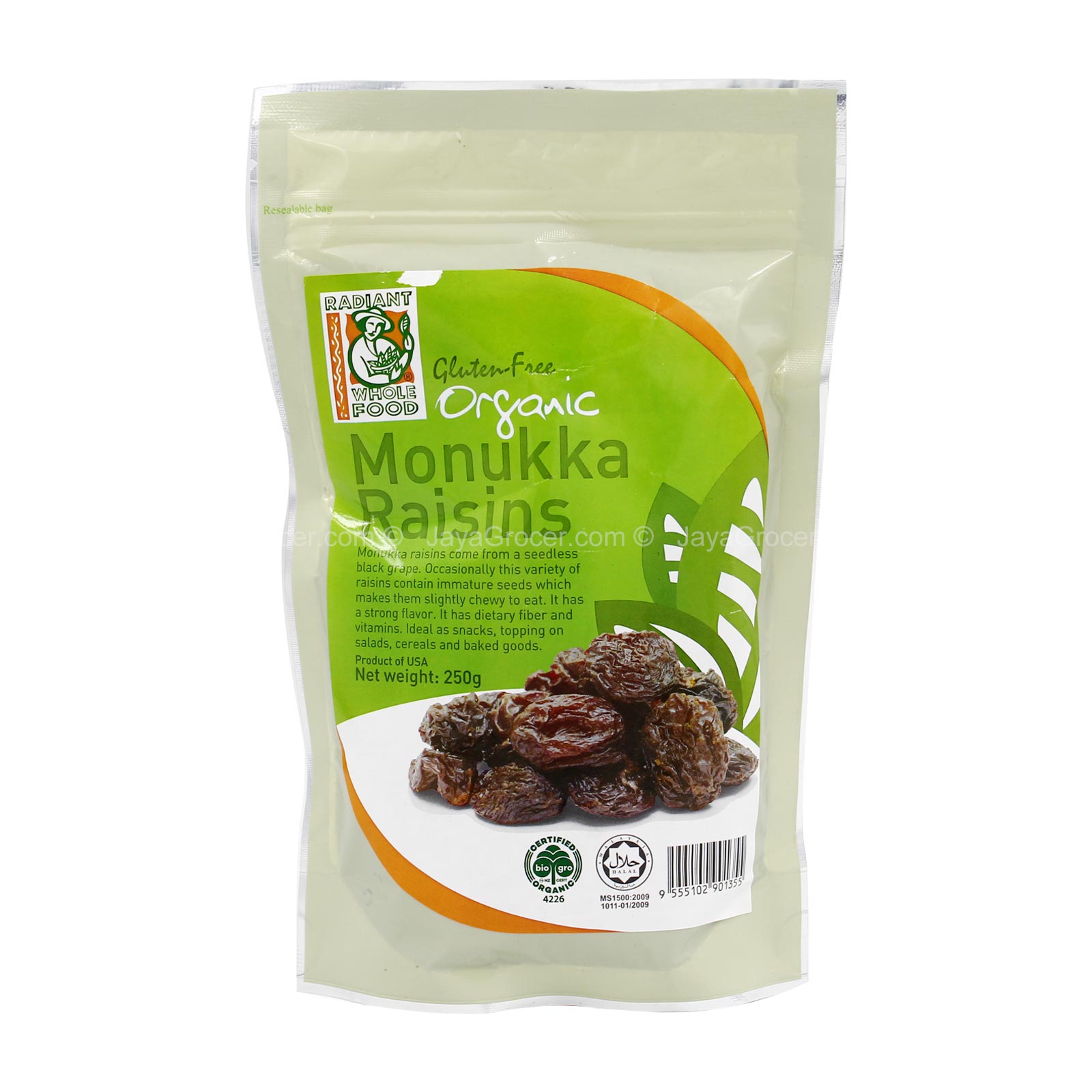 Radiant Whole Food Organic Monukka Raisins 250g
