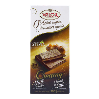 Valor 0% Added Sugar Creamy Milk Chocolate with Hazelnut Cream 100g